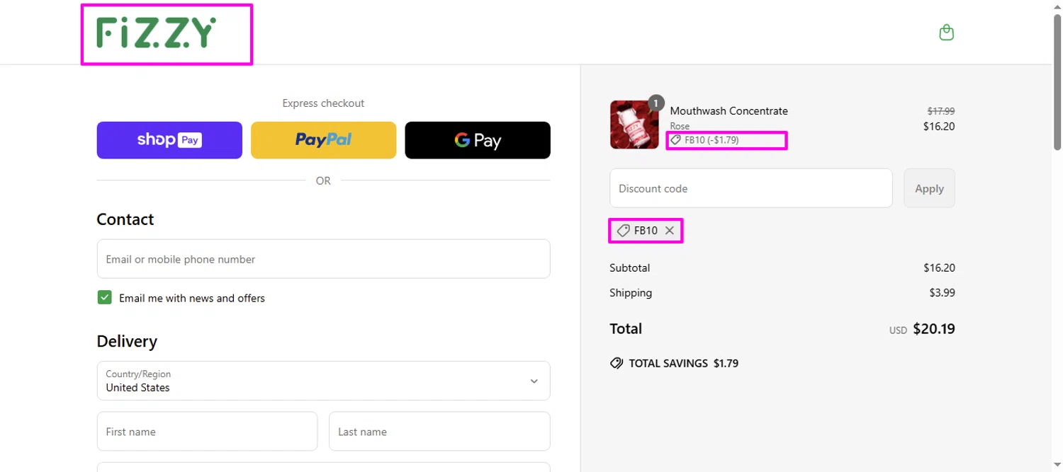 Fizzy Oral Care promo code screenshot showing code FB10 applied at Fizzy Oral Care checkout page. Uploaded by SimplyCodes community member mrdarcy on Apr 30, 2025