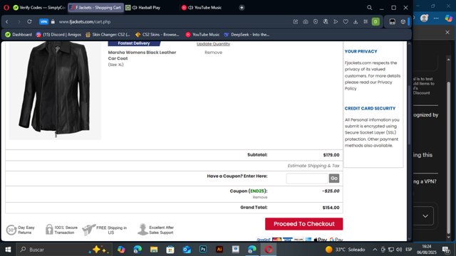 FJackets checkout page showing FJackets coupon code box | Screenshot taken by SimplyCodes community member on Aug 6, 2025
