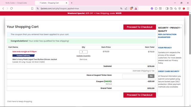 FJackets checkout page showing FJackets coupon code box | Screenshot taken by SimplyCodes community member on Aug 24, 2025