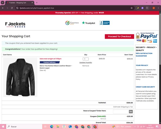 FJackets checkout page showing FJackets coupon code box | Screenshot taken by SimplyCodes community member on Aug 14, 2025