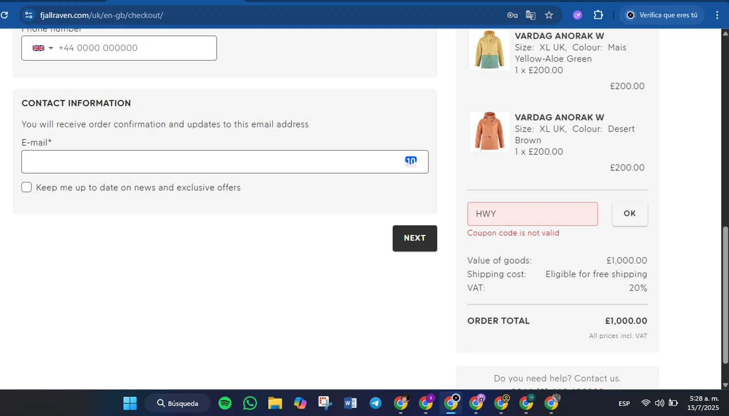 Fjallraven discount code screenshot showing code HWY applied at Fjallraven checkout page. Uploaded by SimplyCodes community member FrugalVirtuoso6318 on Jul 15, 2025