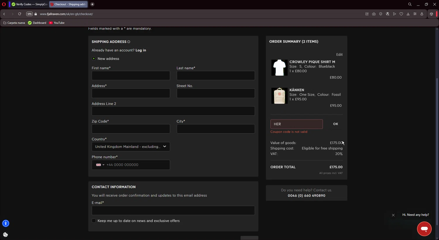 Fjallraven discount code screenshot showing code HER applied at Fjallraven checkout page. Uploaded by SimplyCodes community member CoinMaestro864 on Jul 17, 2025