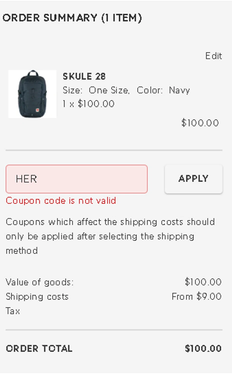 Fjallraven discount code screenshot showing code HER applied at Fjallraven checkout page. Uploaded by SimplyCodes community member Gotoloco on Jul 17, 2025