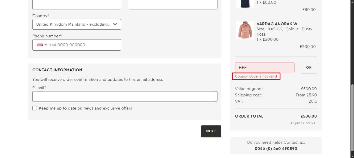 Fjallraven discount code screenshot showing code HER applied at Fjallraven checkout page. Uploaded by SimplyCodes community member noworries on Jul 17, 2025