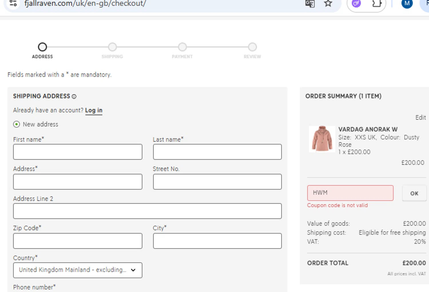 Fjallraven discount code screenshot showing code HWM applied at Fjallraven checkout page. Uploaded by SimplyCodes community member PennyOwl2559 on Jul 17, 2025