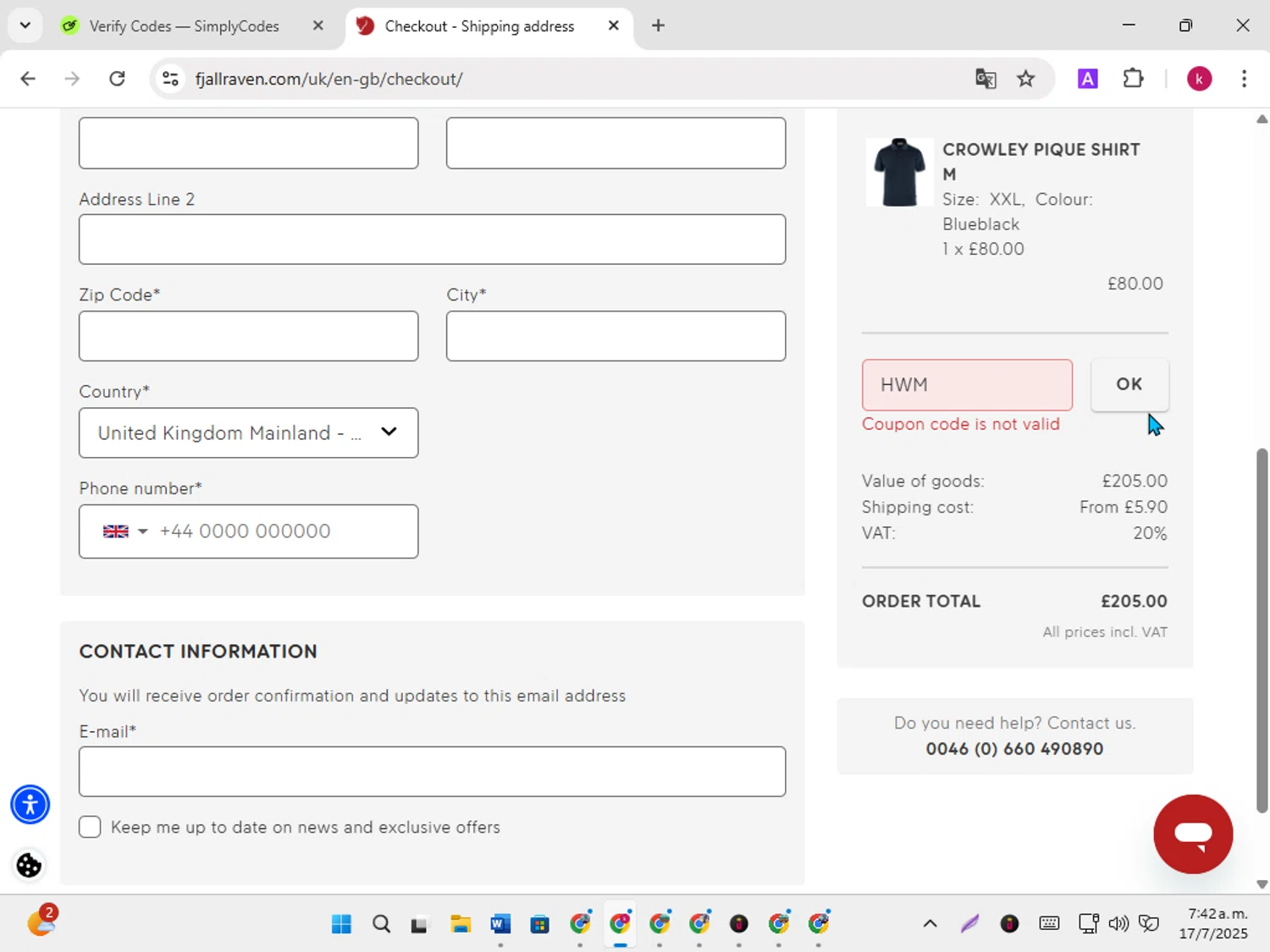 Fjallraven discount code screenshot showing code HWM applied at Fjallraven checkout page. Uploaded by SimplyCodes community member karoline on Jul 17, 2025