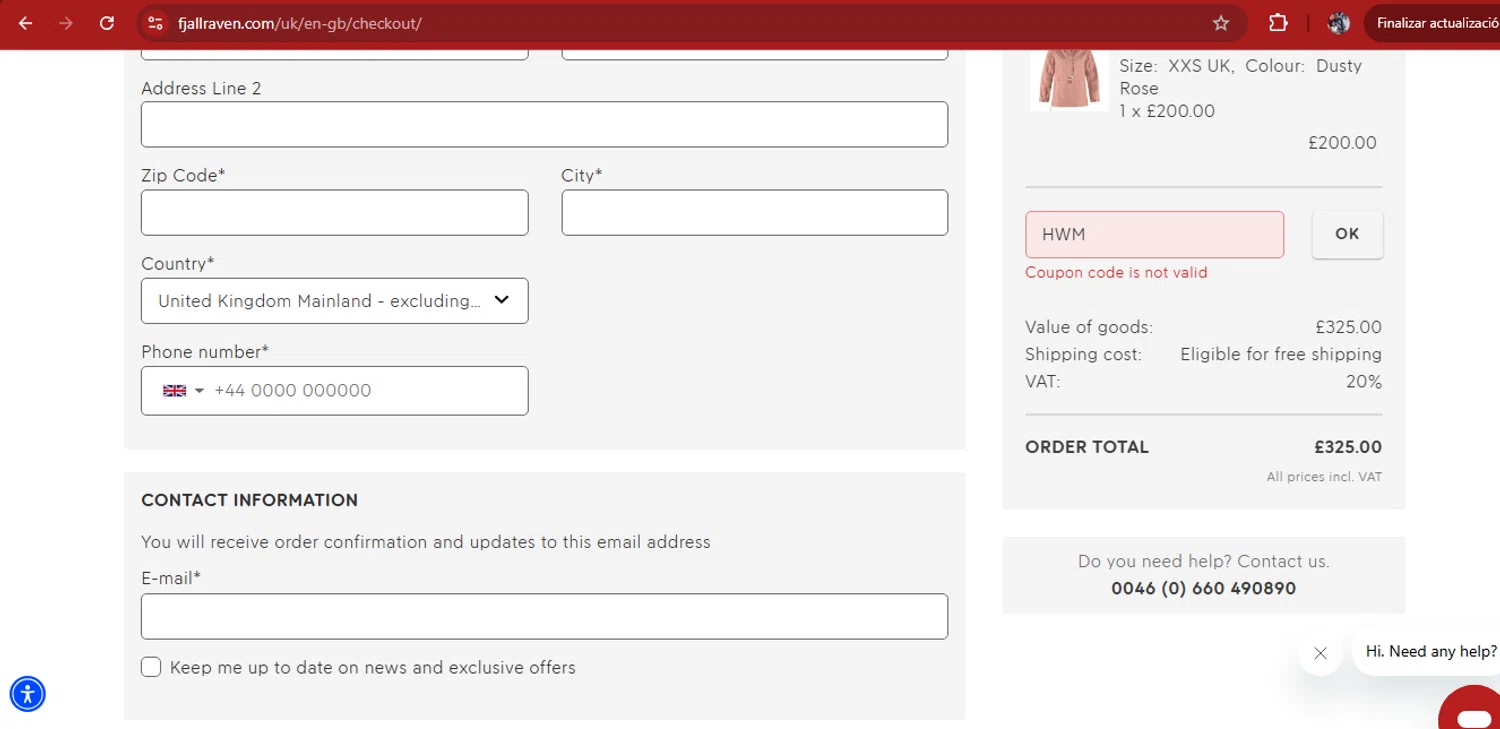 Fjallraven discount code screenshot showing code HWM applied at Fjallraven checkout page. Uploaded by SimplyCodes community member kimberlinmartinez on Jul 17, 2025