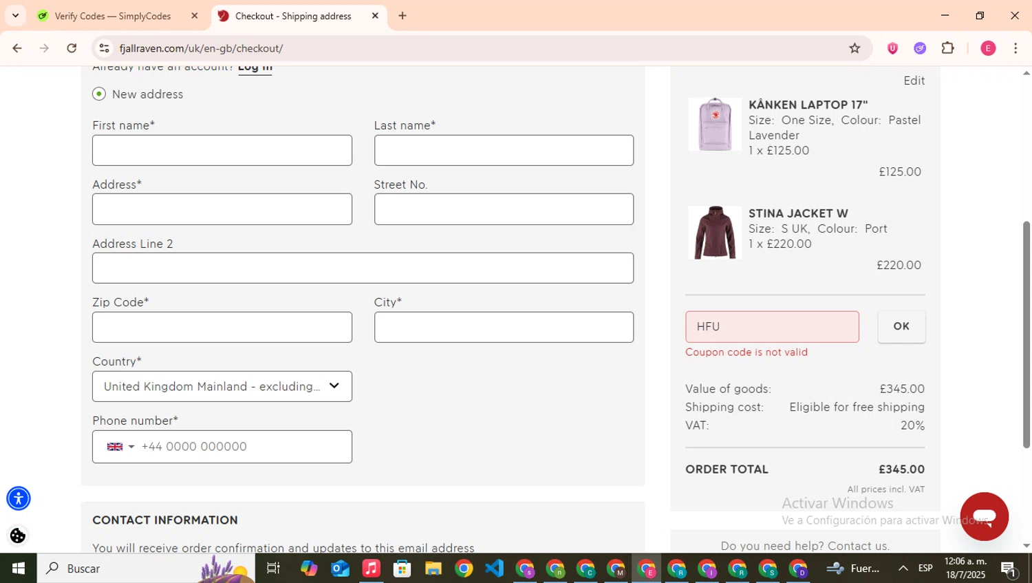 Fjallraven discount code screenshot showing code HFU applied at Fjallraven checkout page. Uploaded by SimplyCodes community member CouponHero7312 on Jul 18, 2025