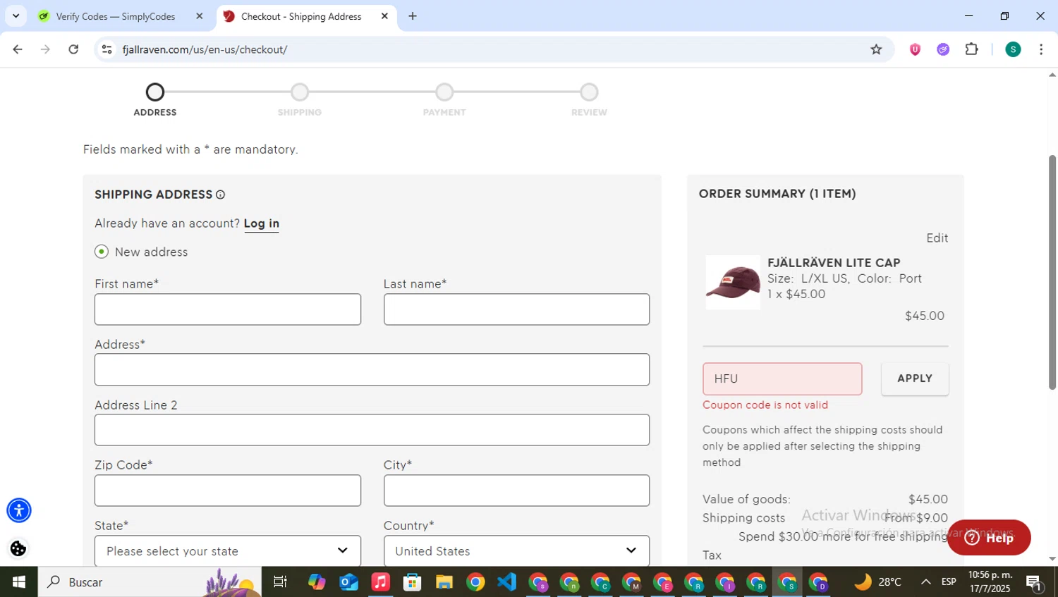Fjallraven discount code screenshot showing code HFU applied at Fjallraven checkout page. Uploaded by SimplyCodes community member VictoriousPilot5281 on Jul 18, 2025