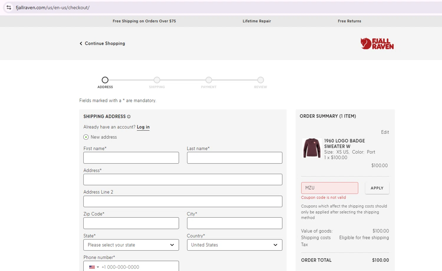 Fjallraven discount code screenshot showing code MZU applied at Fjallraven checkout page. Uploaded by SimplyCodes community member Samu10 on Jul 19, 2025