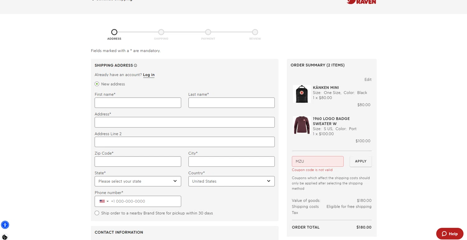 Fjallraven discount code screenshot showing code MZU applied at Fjallraven checkout page. Uploaded by SimplyCodes community member WiseDefender6803 on Jul 19, 2025