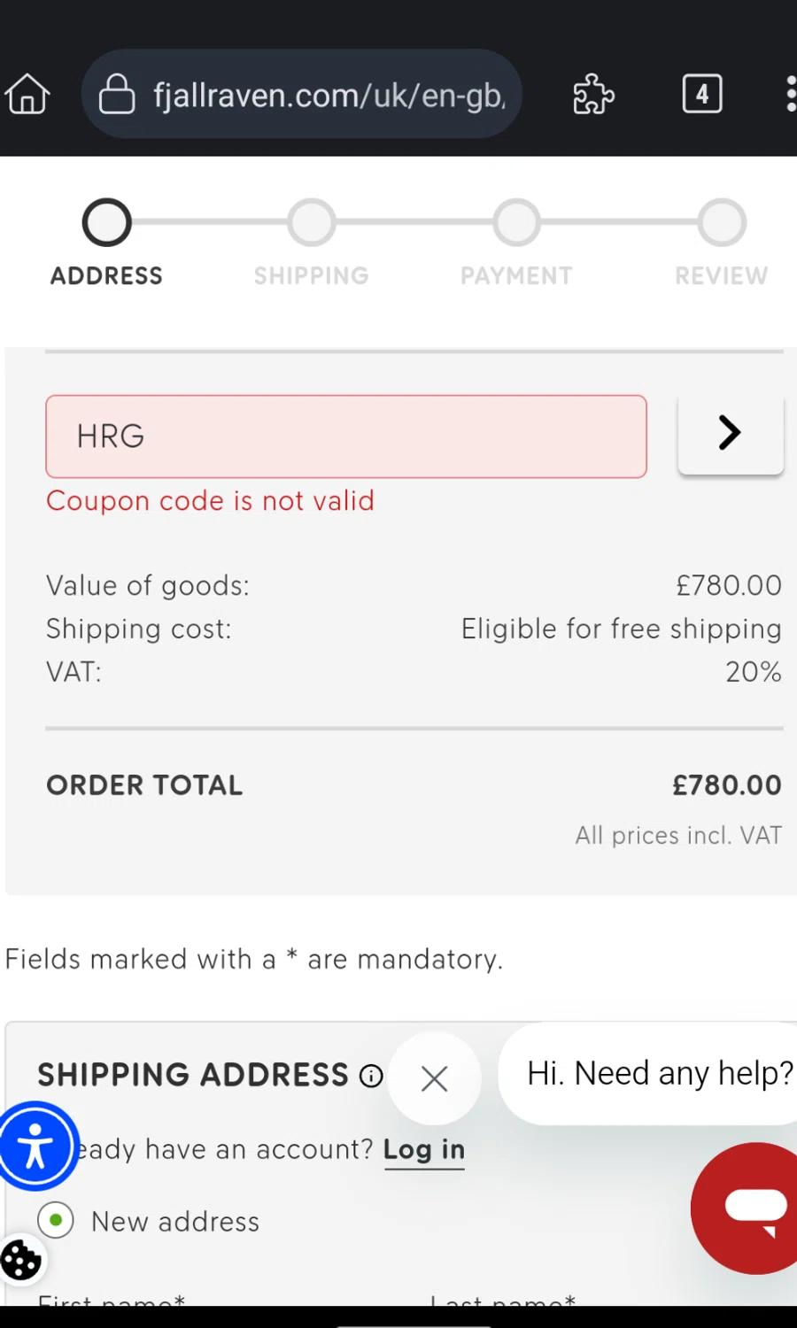 Fjallraven discount code screenshot showing code HRG applied at Fjallraven checkout page. Uploaded by SimplyCodes community member ExtraordinaryMaestro4194 on Jul 19, 2025