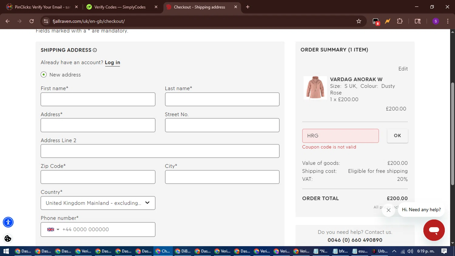 Fjallraven discount code screenshot showing code HRG applied at Fjallraven checkout page. Uploaded by SimplyCodes community member ShieldWarden7838 on Jul 19, 2025