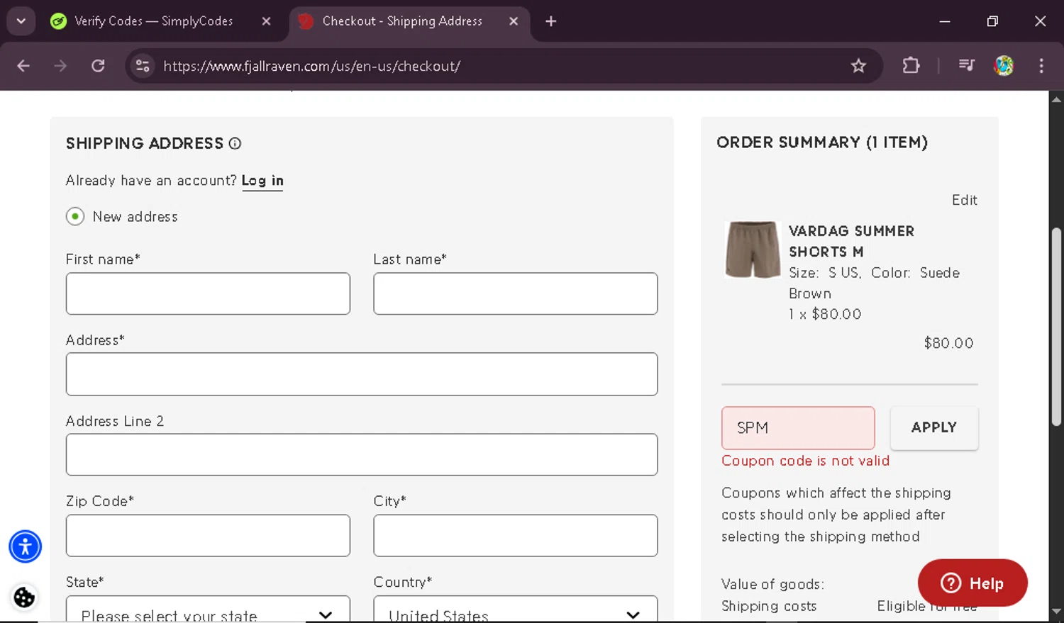 Fjallraven discount code screenshot showing code SPM applied at Fjallraven checkout page. Uploaded by SimplyCodes community member DealPioneer9442 on Jul 20, 2025
