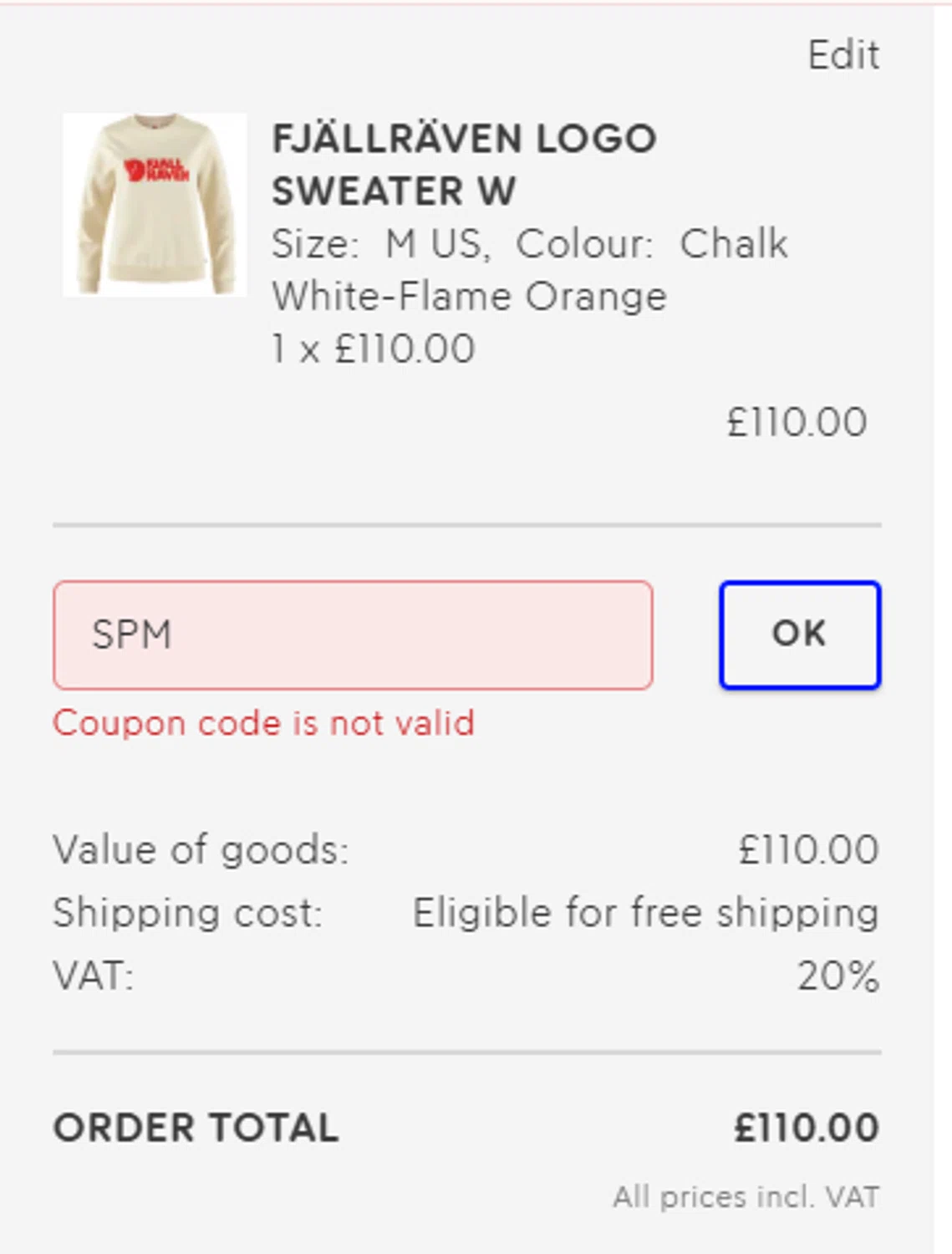 Fjallraven discount code screenshot showing code SPM applied at Fjallraven checkout page. Uploaded by SimplyCodes community member MoneyFalcon5538 on Jul 20, 2025