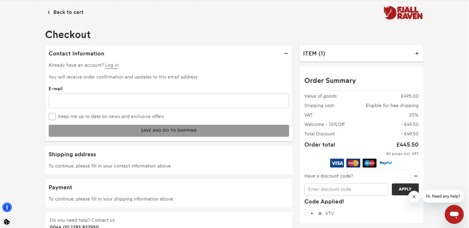 Fjallraven checkout page showing Fjallraven discount code box | Screenshot taken by SimplyCodes community member on Dec 9, 2025