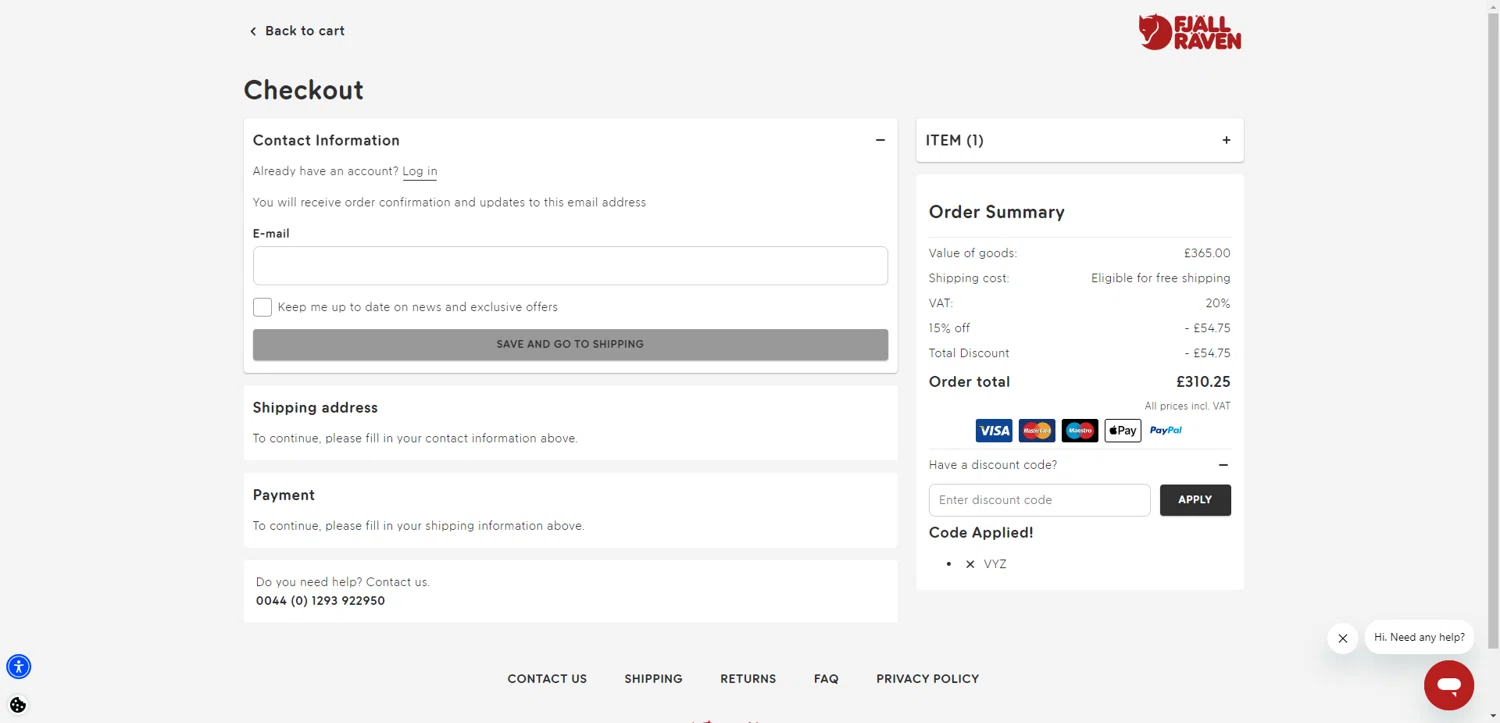 Fjallraven checkout page showing Fjallraven discount code box | Screenshot taken by SimplyCodes community member on Dec 12, 2025