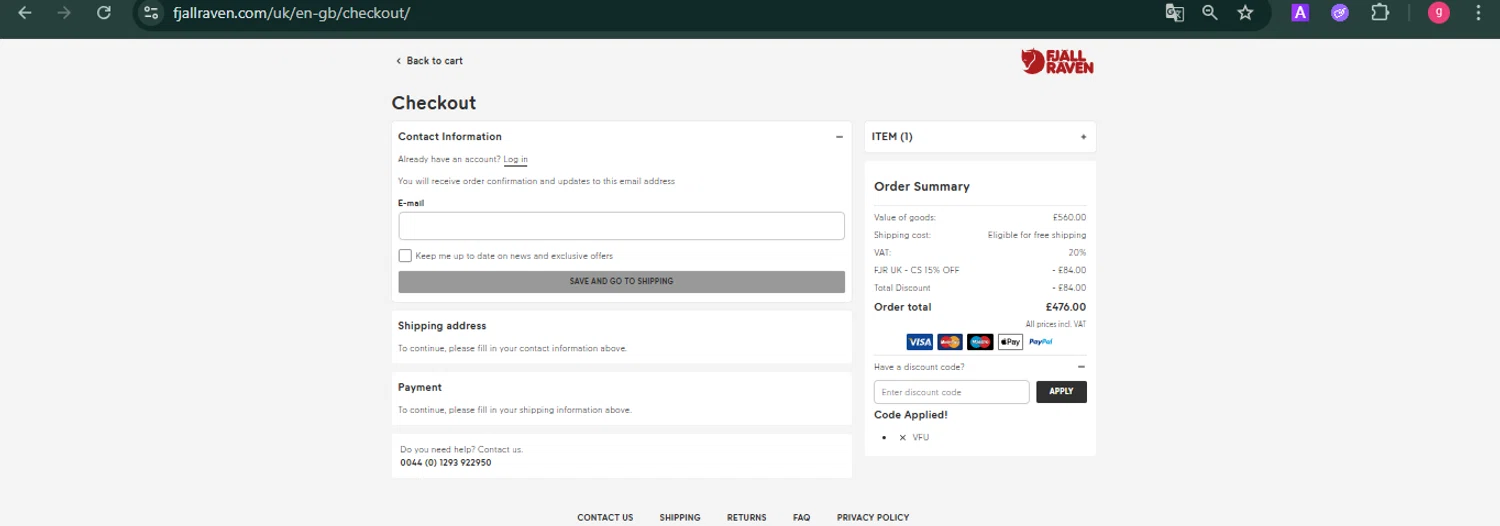 Fjallraven discount code screenshot showing code VFU applied at Fjallraven checkout page. Uploaded by SimplyCodes community member MoneyFalcon481 on Dec 28, 2025