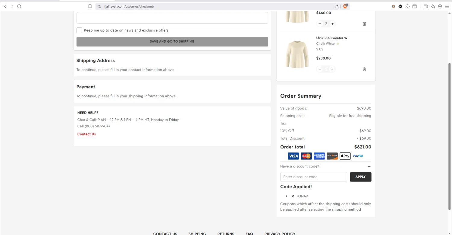 Fjallraven checkout page showing Fjallraven discount code box | Screenshot taken by SimplyCodes community member on Feb 1, 2026