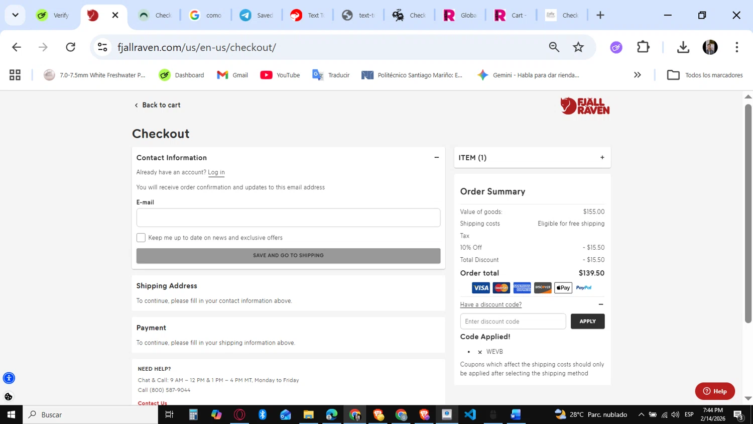 Fjallraven checkout page showing Fjallraven discount code box | Screenshot taken by SimplyCodes community member on Feb 14, 2026