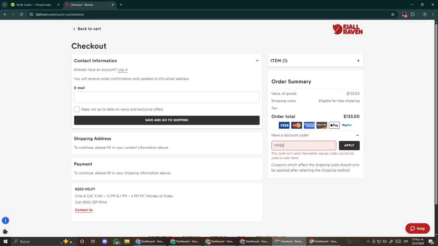 Fjallraven checkout page showing Fjallraven discount code box | Screenshot taken by SimplyCodes community member on Feb 23, 2026