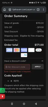 Fjallraven coupon verification screenshot
