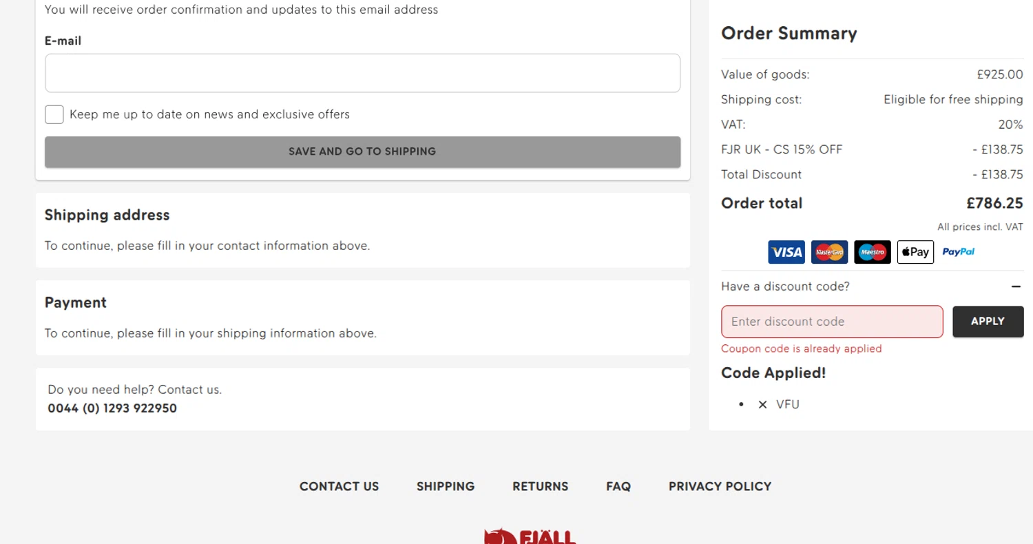 Fjallraven discount code screenshot showing code VFU applied at Fjallraven checkout page. Uploaded by SimplyCodes community member reimalave10 on Dec 28, 2025