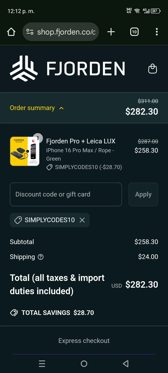 Fjorden discount code screenshot showing code SIMPLYCODES10 applied at Fjorden checkout page. Uploaded by SimplyCodes community member EpicHero3429 on Jun 29, 2025