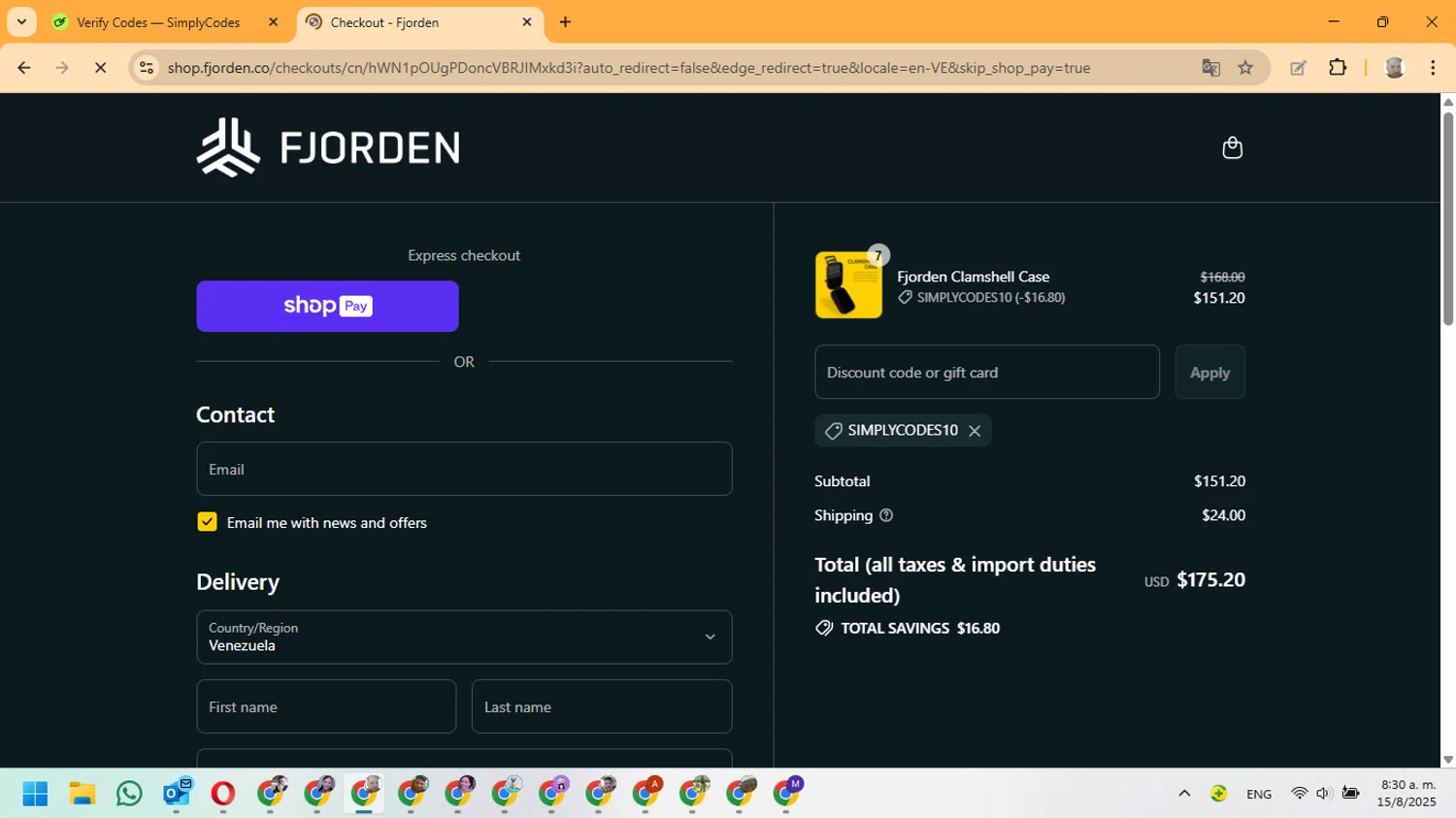 Fjorden discount code screenshot showing code SIMPLYCODES10 applied at Fjorden checkout page. Uploaded by SimplyCodes community member ManuelF on Aug 15, 2025