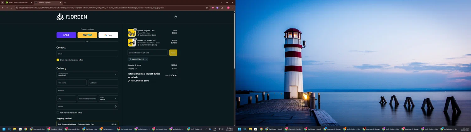 Fjorden discount code screenshot showing code SIMPLYCODES10 applied at Fjorden checkout page. Uploaded by SimplyCodes community member TreasureWarden457 on Nov 18, 2025