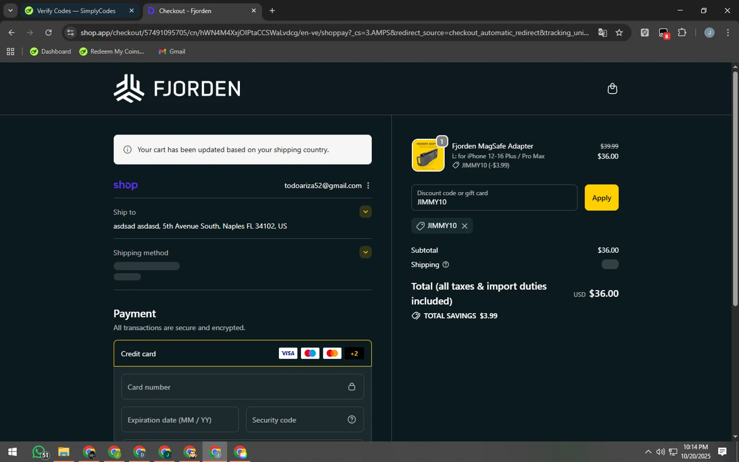 Fjorden discount code screenshot showing code JIMMY10 applied at Fjorden checkout page. Uploaded by SimplyCodes community member MarkGrayson on Oct 21, 2025