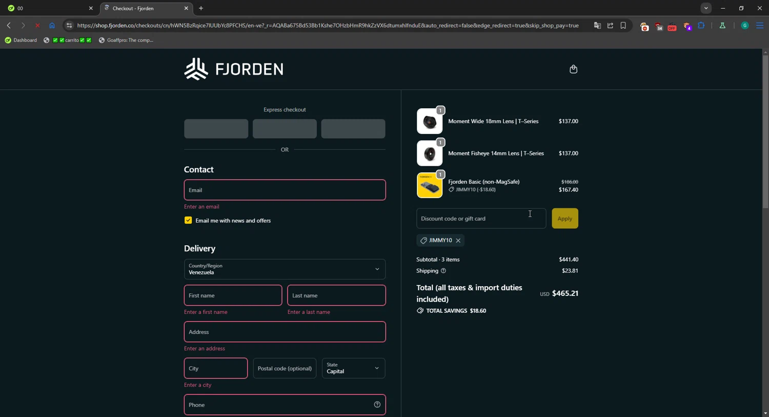 Fjorden discount code screenshot showing code JIMMY10 applied at Fjorden checkout page. Uploaded by SimplyCodes community member WiseMaestro7997 on Nov 12, 2025
