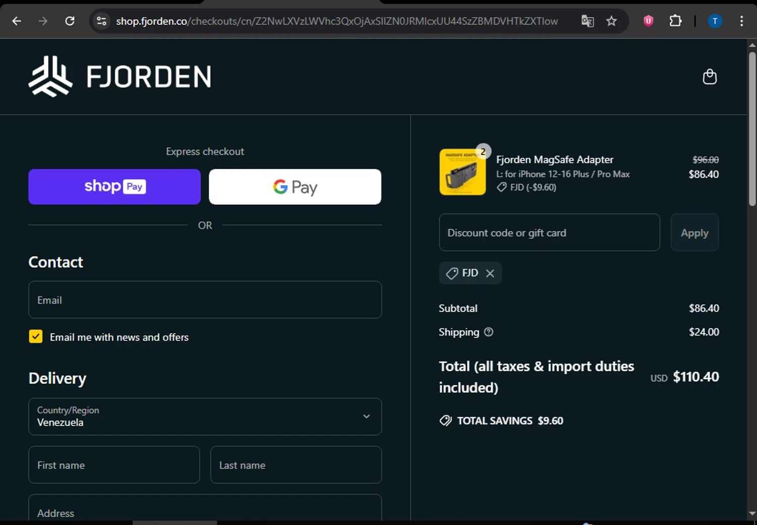 Fjorden discount code screenshot showing code FJD applied at Fjorden checkout page. Uploaded by SimplyCodes community member PrimeTitan1837 on Jun 29, 2025