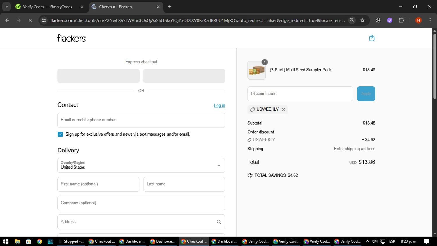 Flackers promo code screenshot showing code USWEEKLY applied at Flackers checkout page. Uploaded by SimplyCodes community member MagnificentScout194 on Jun 3, 2025