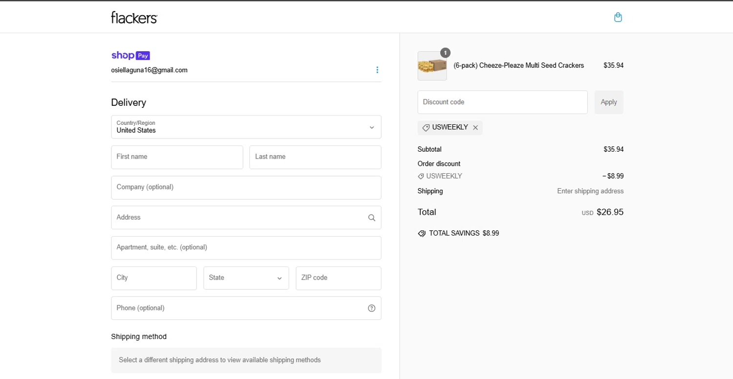 Flackers promo code screenshot showing code USWEEKLY applied at Flackers checkout page. Uploaded by SimplyCodes community member ishidashoya on Dec 28, 2024