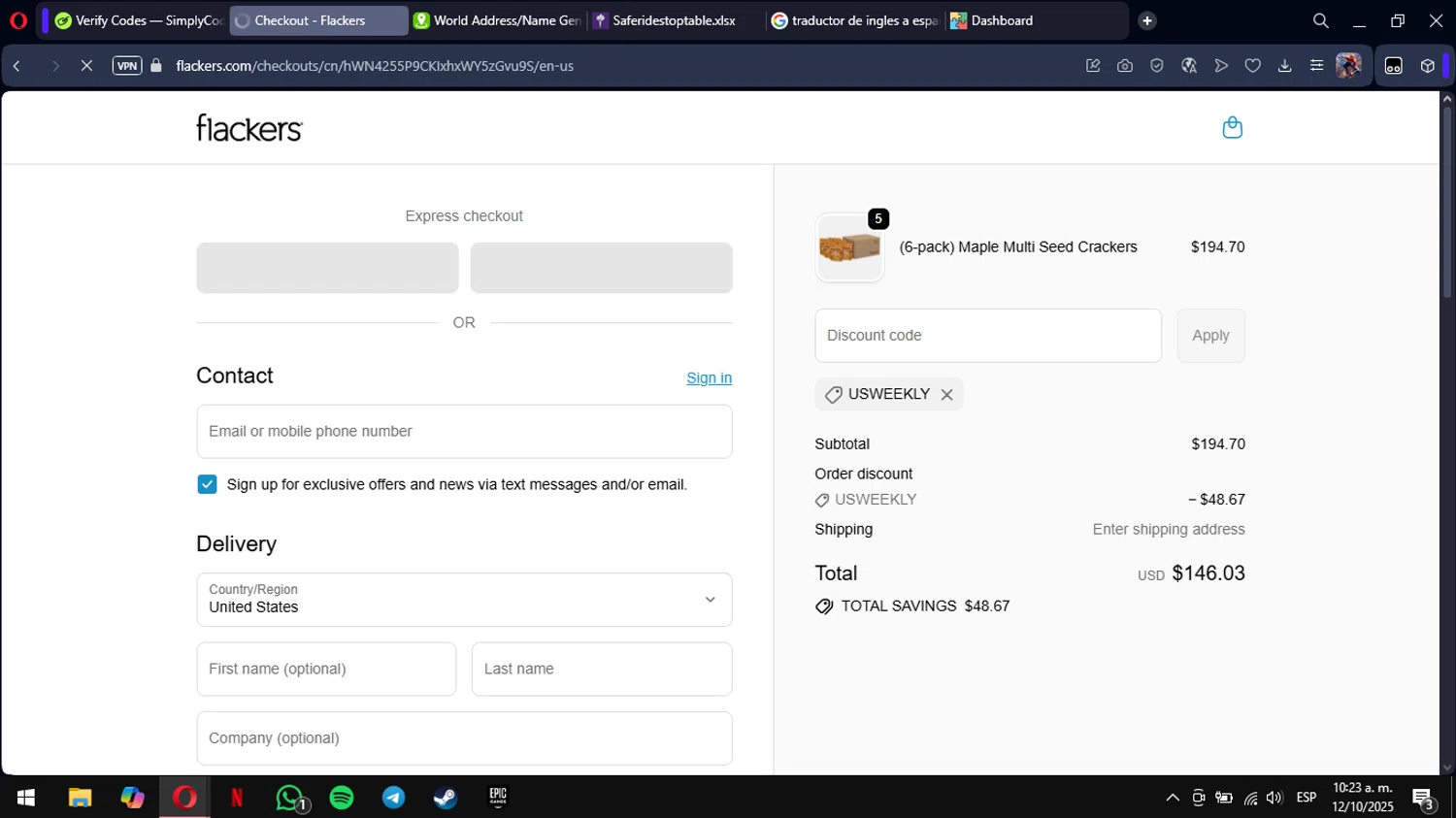 Flackers promo code screenshot showing code USWEEKLY applied at Flackers checkout page. Uploaded by SimplyCodes community member mimusuky1 on Oct 12, 2025