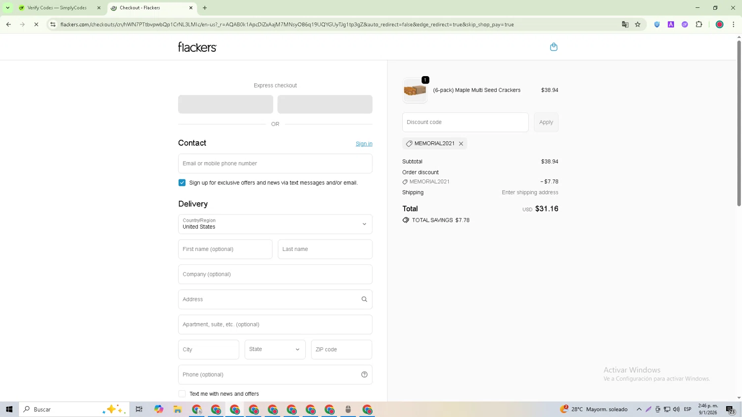 Flackers promo code screenshot showing code MEMORIAL2021 applied at Flackers checkout page. Uploaded by SimplyCodes community member GoldRanger7074 on Jan 9, 2026