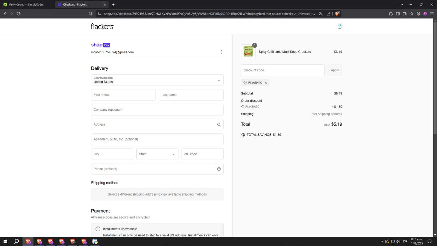 Flackers promo code screenshot showing code FLASH20 applied at Flackers checkout page. Uploaded by SimplyCodes community member aaaaaaaaaaaaaaaaaaaaa on Mar 11, 2025