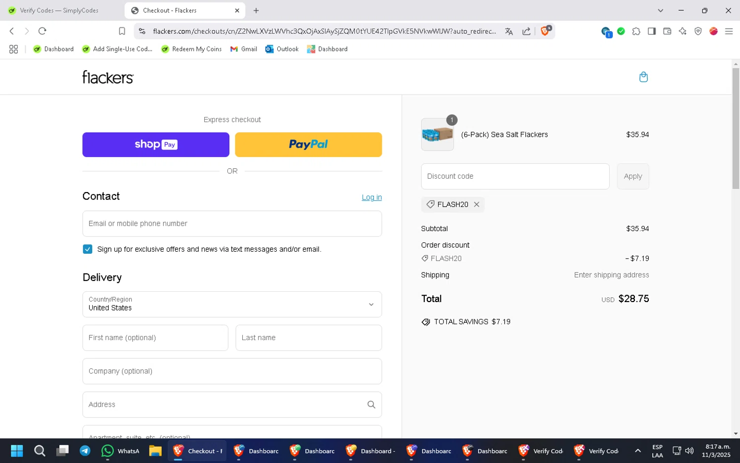 Flackers promo code screenshot showing code FLASH20 applied at Flackers checkout page. Uploaded by SimplyCodes community member Wukong on Mar 11, 2025