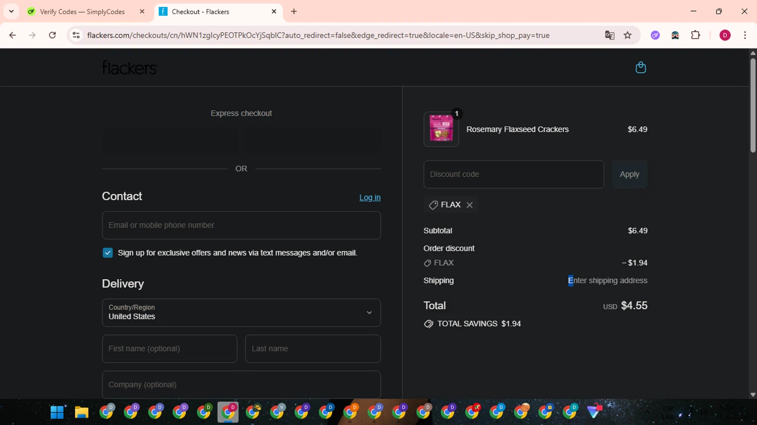 Flackers promo code screenshot showing code FLAX applied at Flackers checkout page. Uploaded by SimplyCodes community member EpicSaver9948 on Aug 19, 2025