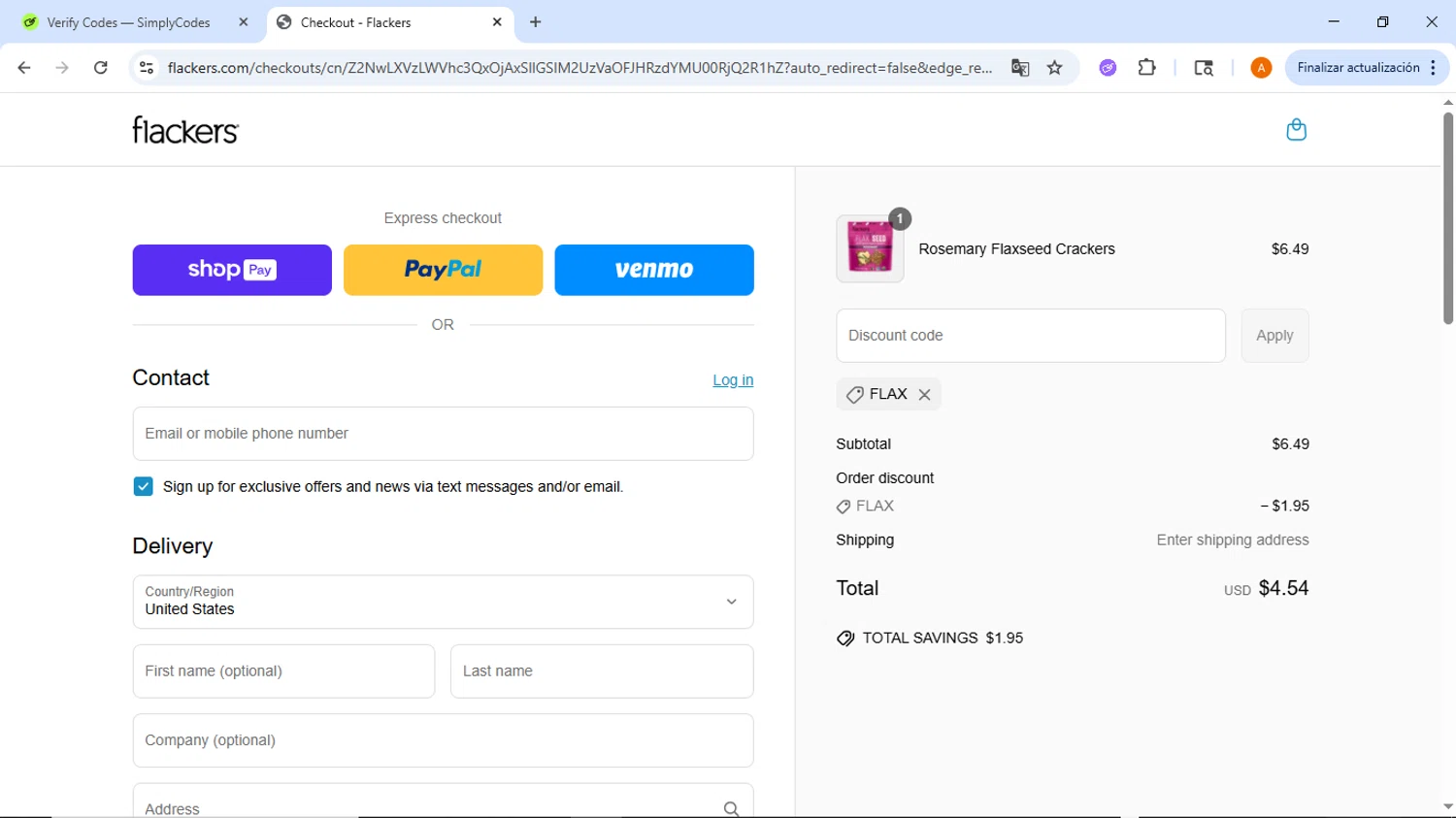 Flackers promo code screenshot showing code FLAX applied at Flackers checkout page. Uploaded by SimplyCodes community member ThriftyMaverick437 on Jun 23, 2025