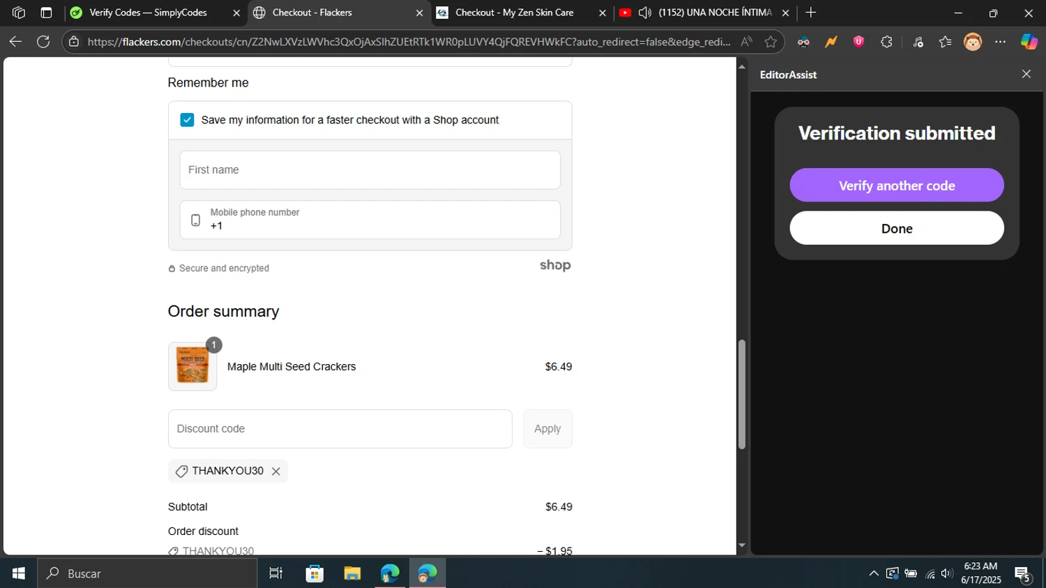 Flackers promo code screenshot showing code Thankyou30 applied at Flackers checkout page. Uploaded by SimplyCodes community member Blackleg_Sanji on Jun 17, 2025