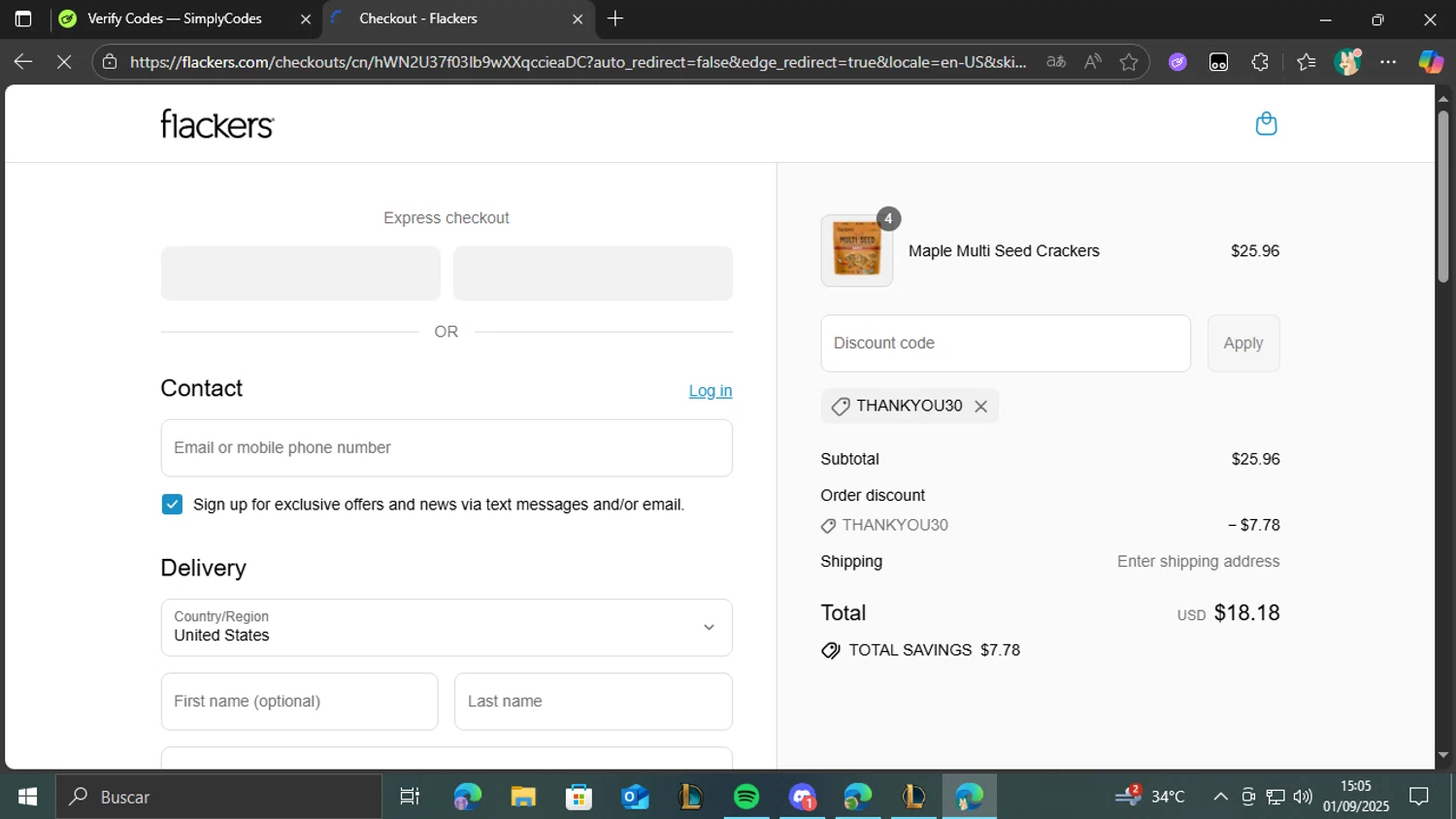 Flackers promo code screenshot showing code Thankyou30 applied at Flackers checkout page. Uploaded by SimplyCodes community member CashCollector4109 on Sep 1, 2025