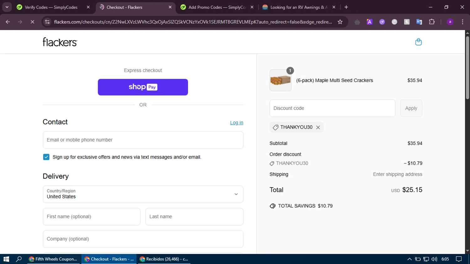 Flackers promo code screenshot showing code Thankyou30 applied at Flackers checkout page. Uploaded by SimplyCodes community member thethru on May 20, 2025