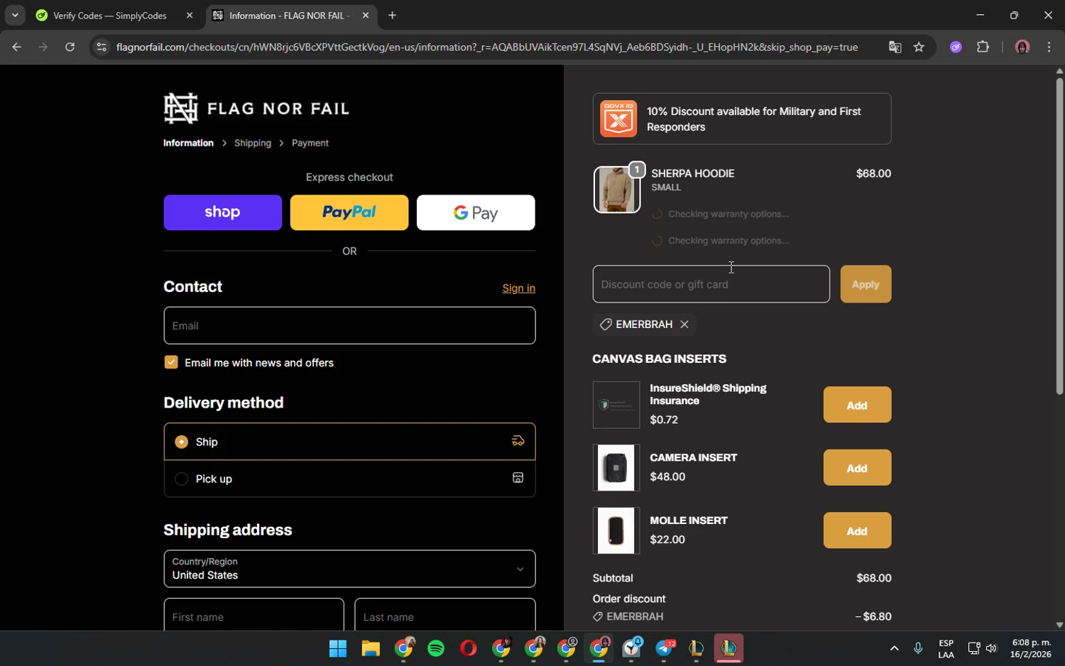 Flag Nor Fail checkout page showing Flag Nor Fail discount code box | Screenshot taken by SimplyCodes community member on Feb 16, 2026