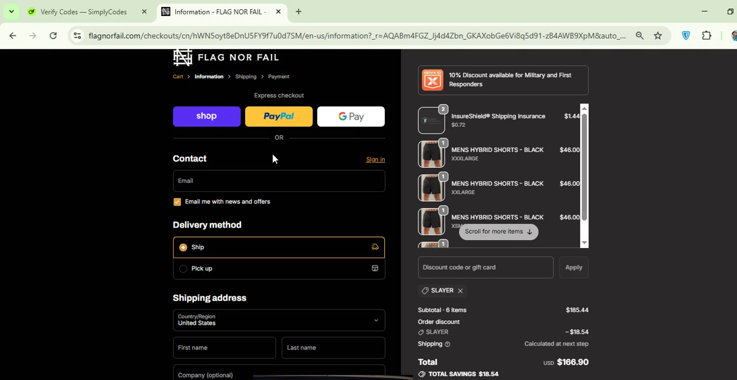 Flag Nor Fail discount code screenshot showing code SLAYER applied at Flag Nor Fail checkout page. Uploaded by SimplyCodes community member CobrandoVenganza on Nov 28, 2025