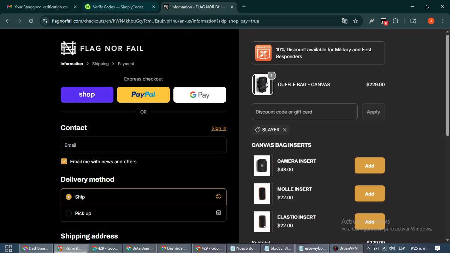 Flag Nor Fail discount code screenshot showing code SLAYER applied at Flag Nor Fail checkout page. Uploaded by SimplyCodes community member NobleAce2304 on Oct 31, 2025