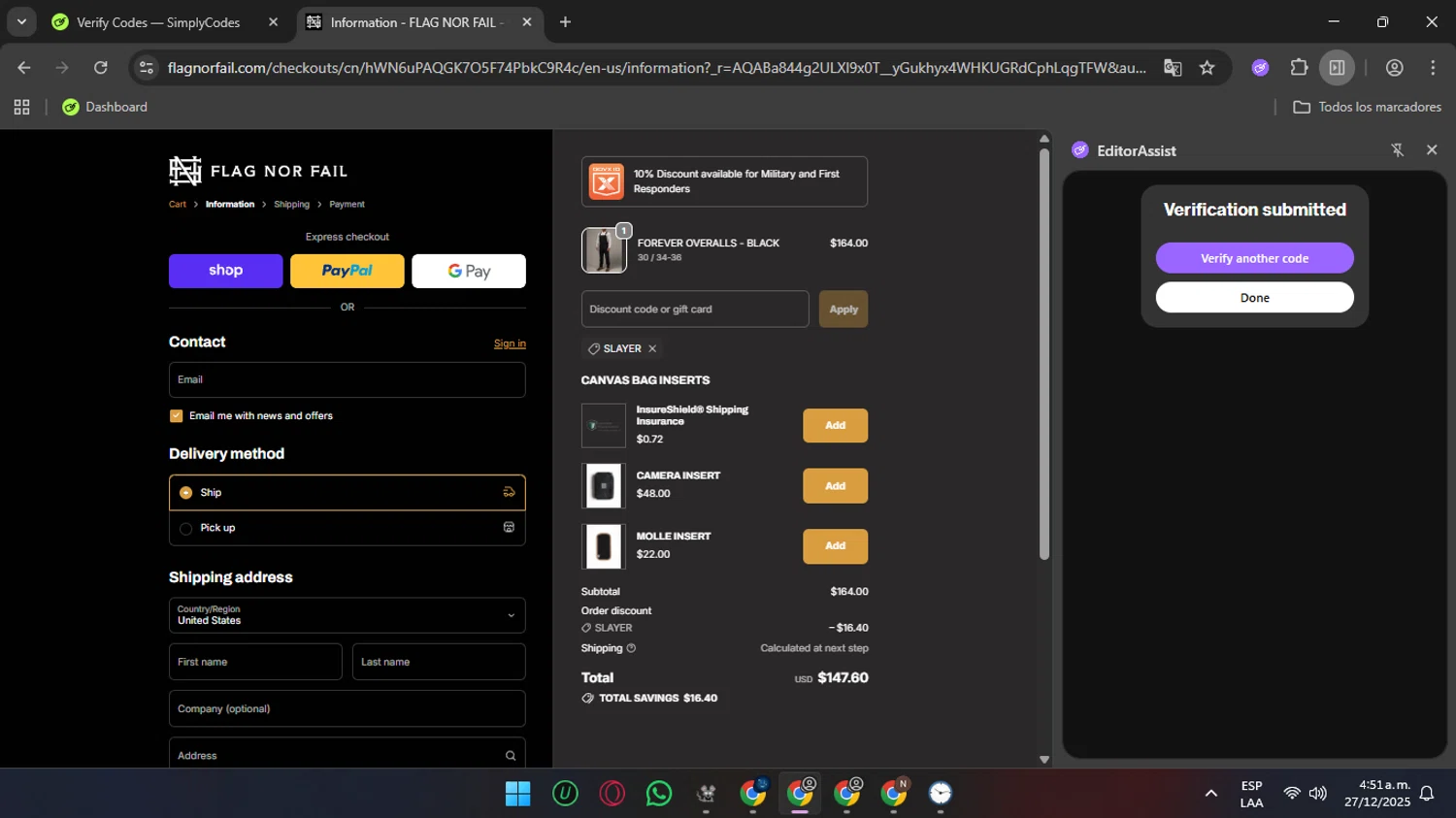 Flag Nor Fail discount code screenshot showing code SLAYER applied at Flag Nor Fail checkout page. Uploaded by SimplyCodes community member rauzzzz on Dec 27, 2025