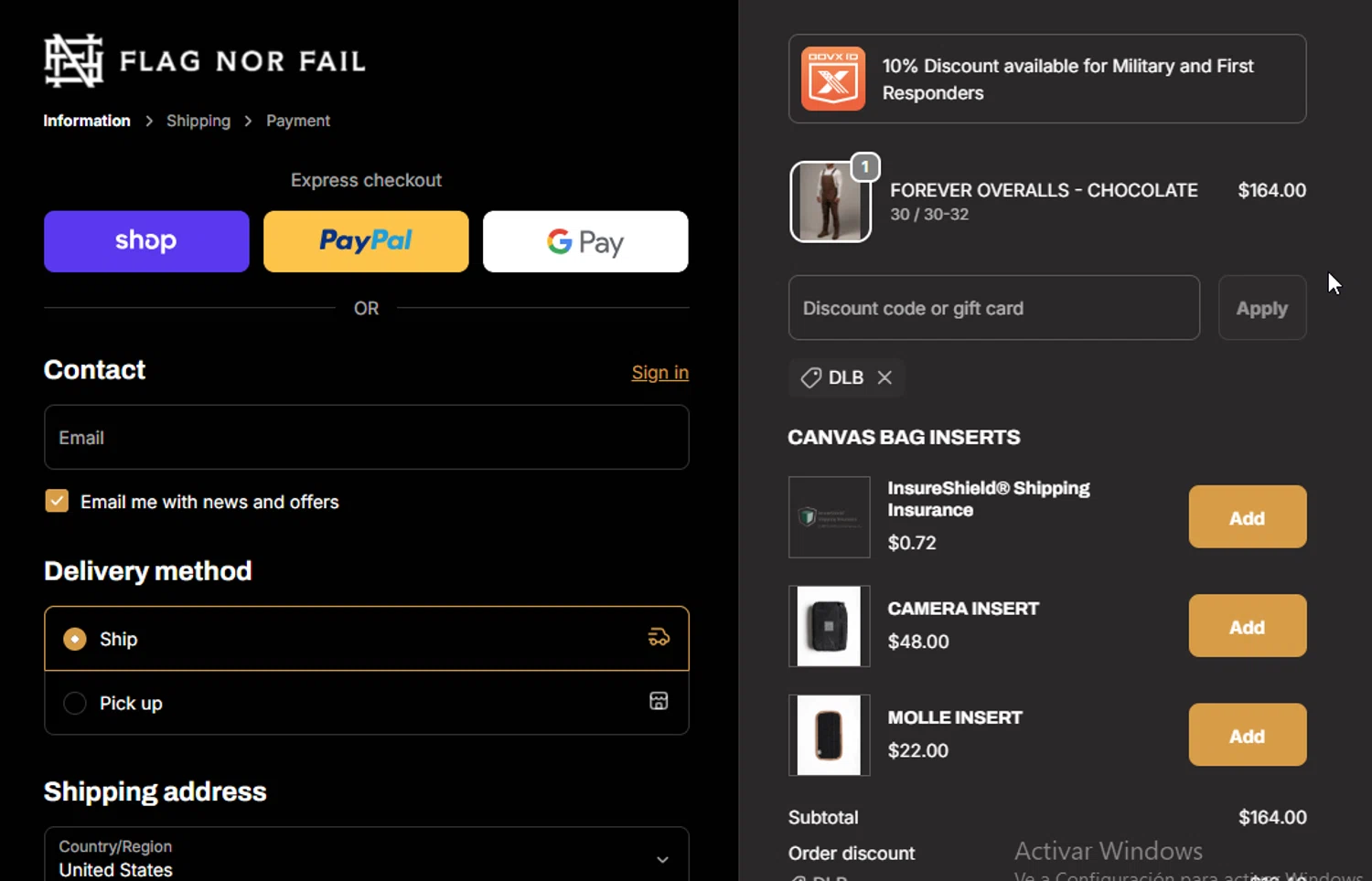 Flag Nor Fail discount code screenshot showing code DLB applied at Flag Nor Fail checkout page. Uploaded by SimplyCodes community member BudgetGuardian5712 on Dec 4, 2025