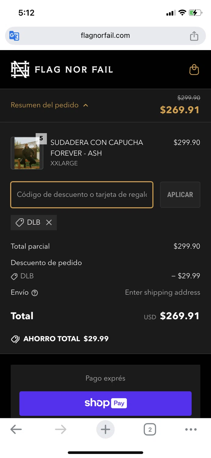 Flag Nor Fail discount code screenshot showing code DLB applied at Flag Nor Fail checkout page. Uploaded by SimplyCodes community member morapr on Apr 1, 2025